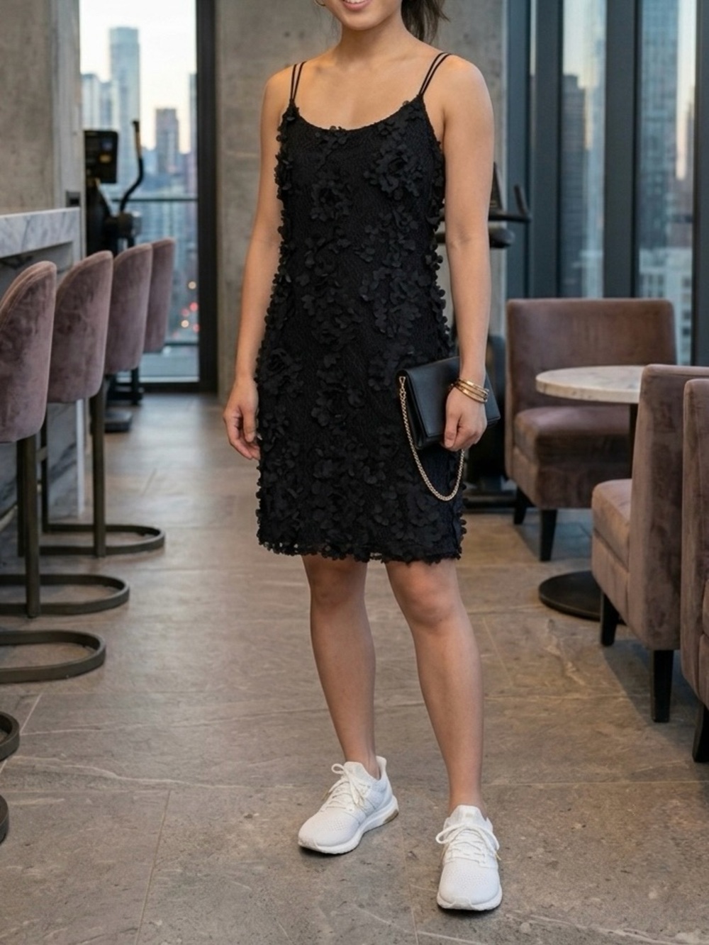 Leith Black Floral Appliqué Slip Dress